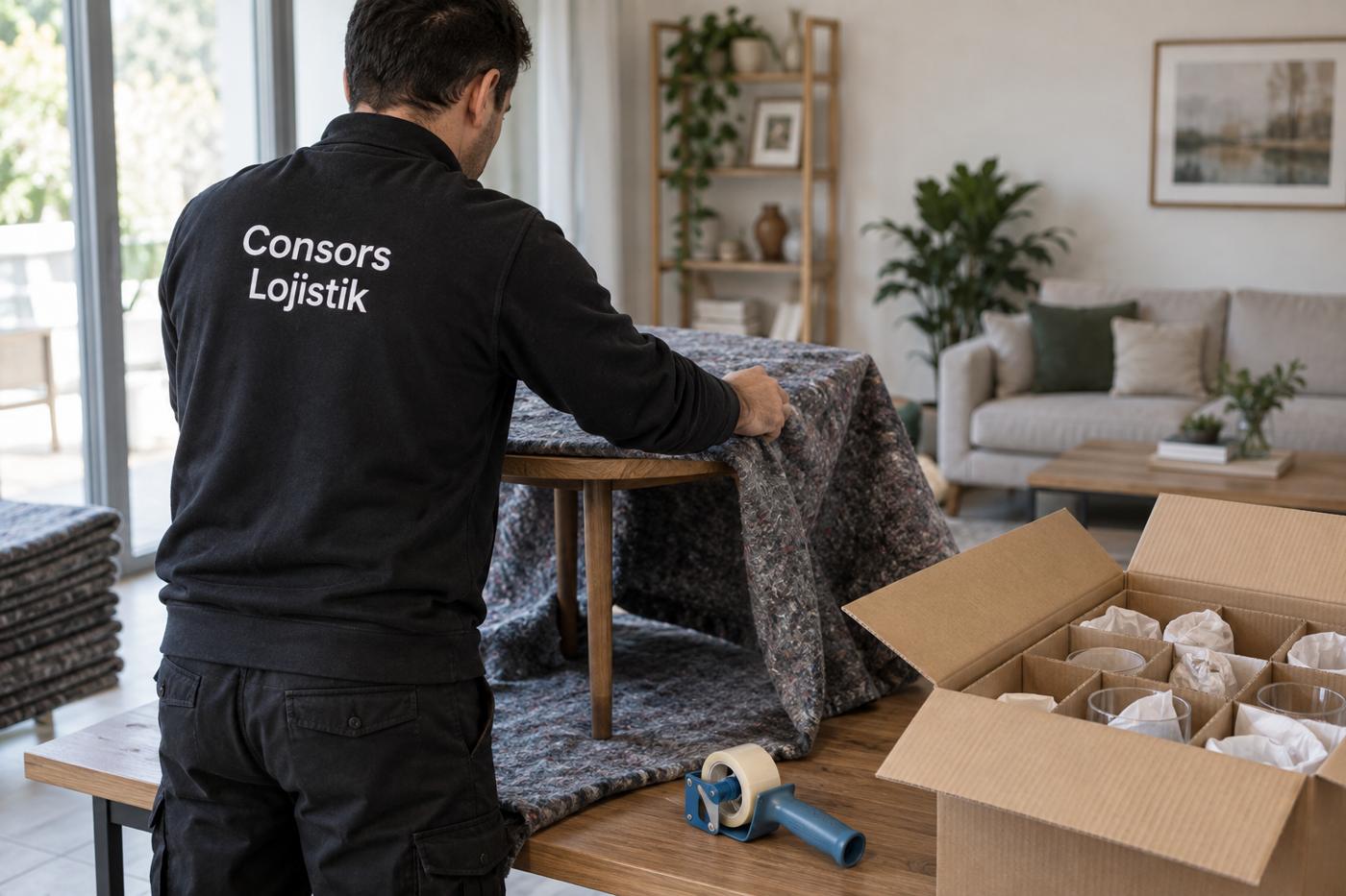 Consors çalışanı mobilyayı koruyucu örtüyle paketliyor